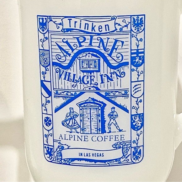 Set of 2 Alpine Coffee Milk Glass Cappuccino Coffee Pedestal Mugs White & Blue - Picture 2 of 8